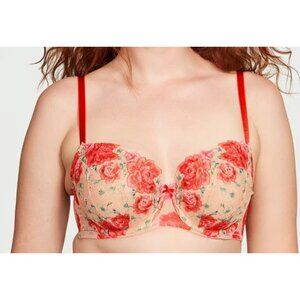 Victoria's Secret Tomato Red Embroidered Lace Bra 38DDD F85 Floral Underwire